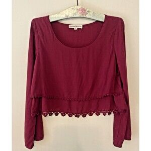 Altar'd State Long Sleeve Bell Sleeve Crop Top Women S Red/Burgundy Lace Detail